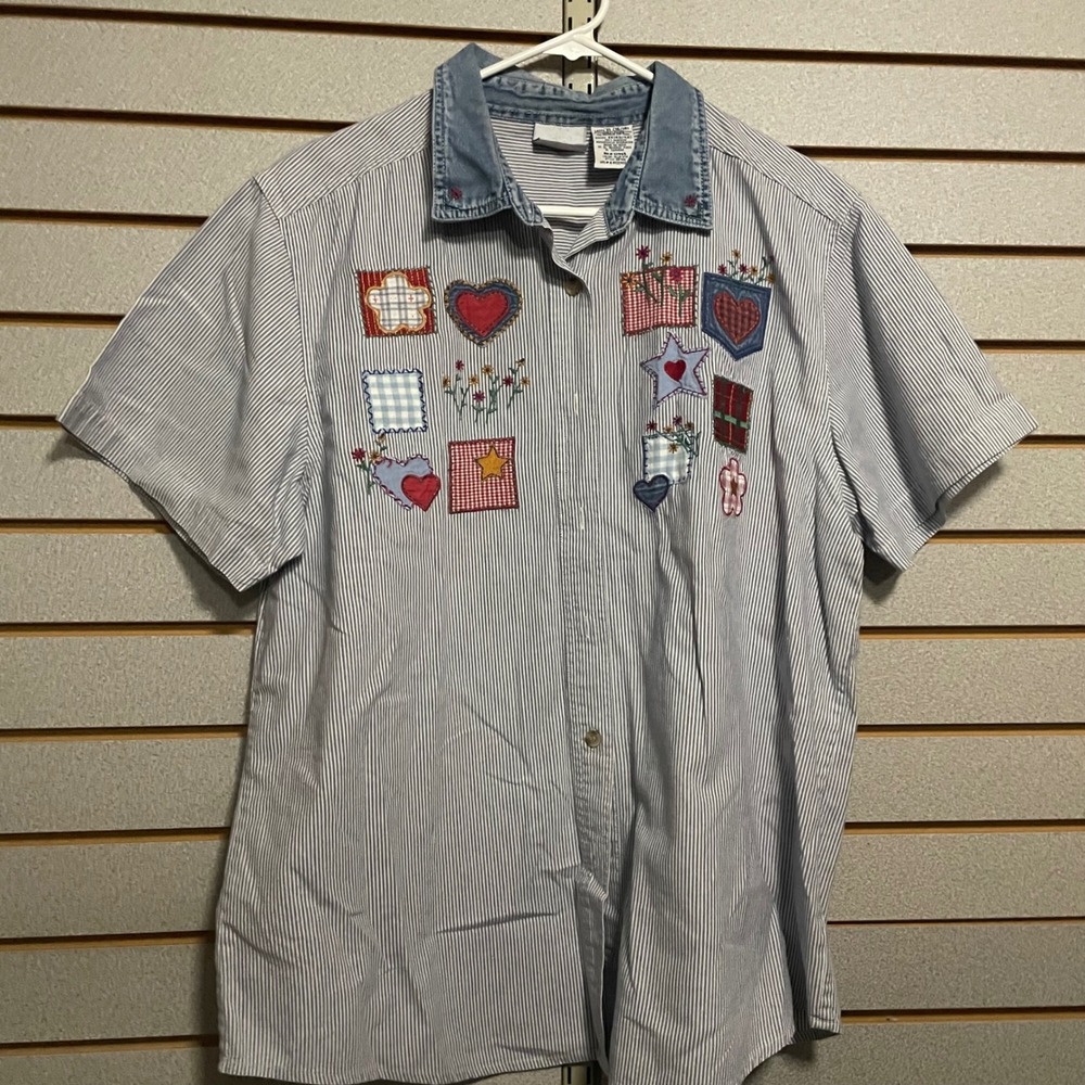 VTG Bobbie Brooks Women XL Blue Stripe Denim Collar Patchwork Heart Flower Shirt